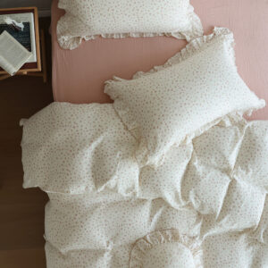 ditsy floral duvet cover set with dusty pink flat sheet, and ruffle edge pillowcase