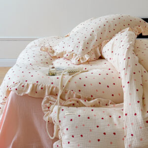 Cute heart print duvet cover set with soft cotton muslin and charming ruffles.