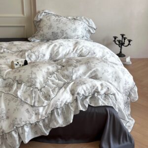 Lyocell floral ruffle bedding set on queen bed