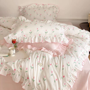 Pink Tulip Bedding Set – Ruffled Duvet and Pillowcase