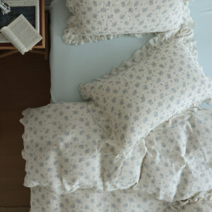 100% cotton gauze Blue floral duvet cover set with ruffled edge detail