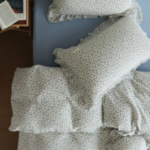 cotton muslin Blue Floral Ruffle Duvet Cover Set with matching blue floral pillowcase, sky blue flat sheet