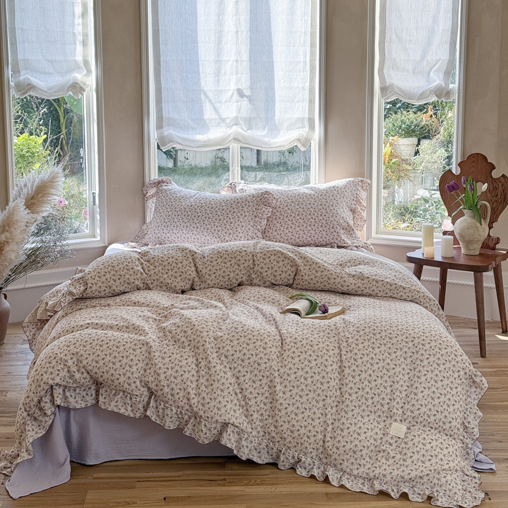Purple Floral Duvet Cover Set - Ruffled Cotton Bedding - Image 8