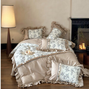 French vintage floral ruffle cotton bedding set with beige trim