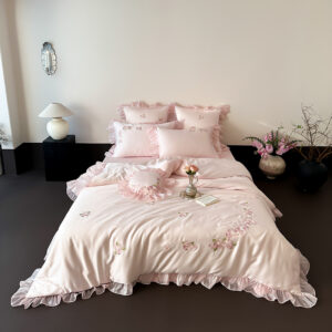 Pink Tencel bedding set with ruffles and rose embroidery