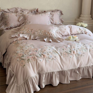 Blush pink floral bedding with long-staple cotton and elegant ruffles
