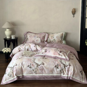 Pink Rose Garden Bedding Set on a bed – Long-Staple Cotton